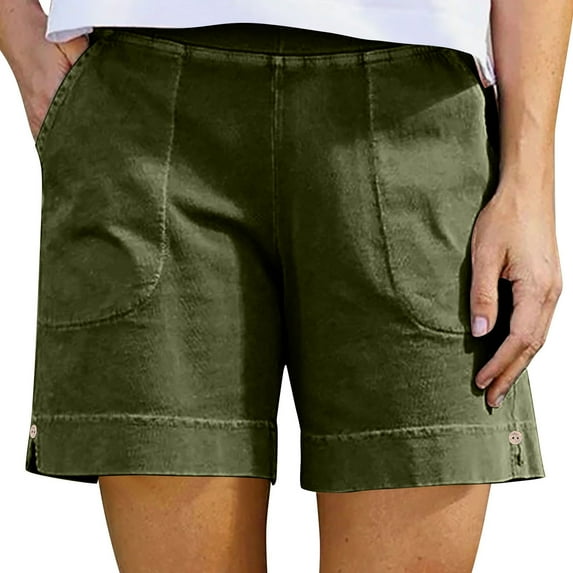 Womens Board Shorts New Cotton Shorts for Women Casual Summer Elastic Waist Short Pants Vacation Beach Outfits with Pockets Army Green M