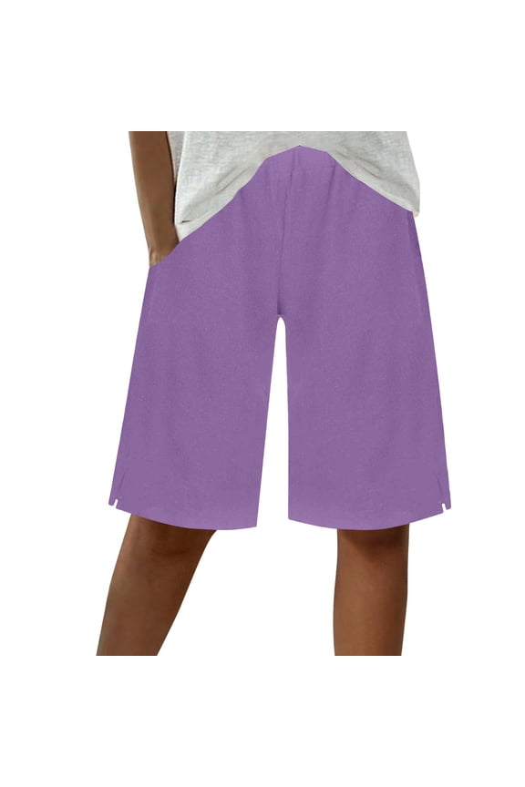 Womens Board Shorts New Womens Summer Bermuda Linen Shorts Knee Length Lightweight Loose Summer Casual Shorts with Pockets Purple S