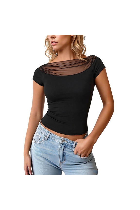 Womens Boat Neck Mesh Sheer Ruched Short Sleeve Form Fitting Casual Top Black M