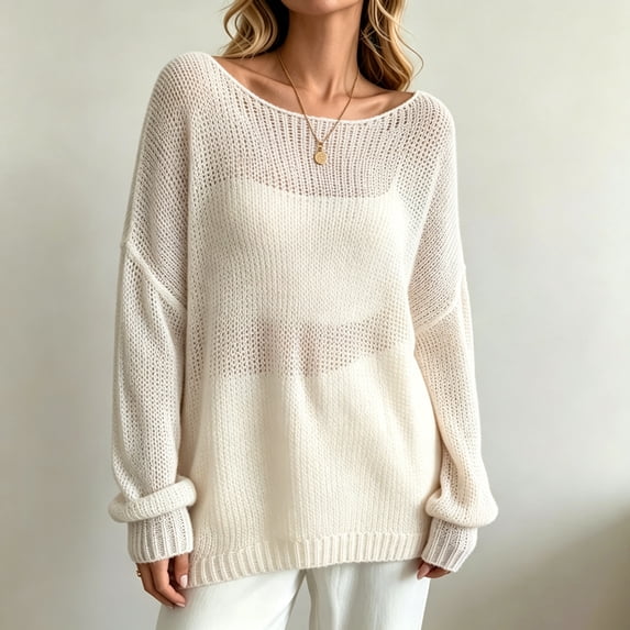 Womens Boat Neck Open Knit Sweater Solid Color Long Sleeve Oversized Loose Knitted Pullover Casual Fashion Top Beige 2XL