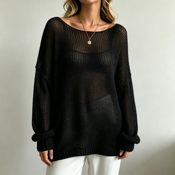 Womens Boat Neck Open Knit Sweater Solid Color Long Sleeve Oversized Loose Knitted Pullover Casual Fashion Top Black L