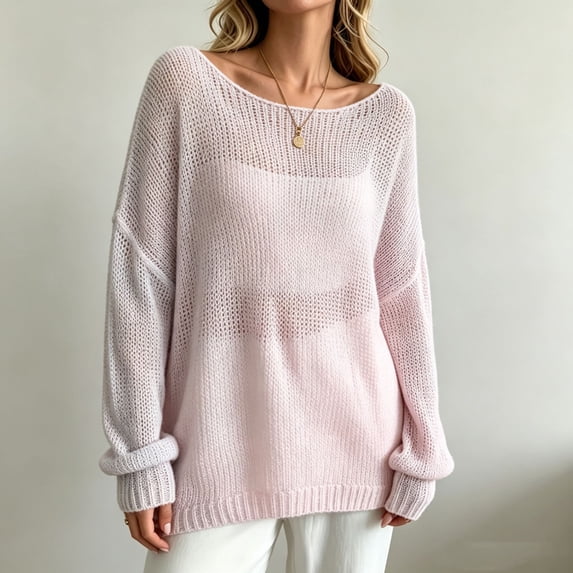 Womens Boat Neck Open Knit Sweater Solid Color Long Sleeve Oversized Loose Knitted Pullover Casual Fashion Top Pink M
