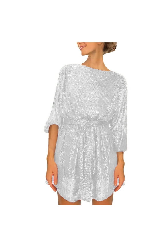 Womens Boat Neck Sequin Long Sleeve Formal Dress with Belt Glitter Shiny Evening Wedding Guest Short Gown