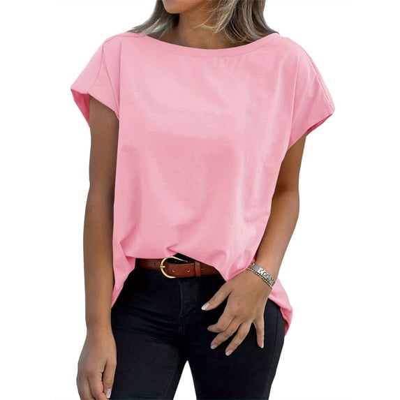 Womens Boat Neck T-Shirts Cap Sleeve Tops Summer Casual Loose Fit Basic Tees
