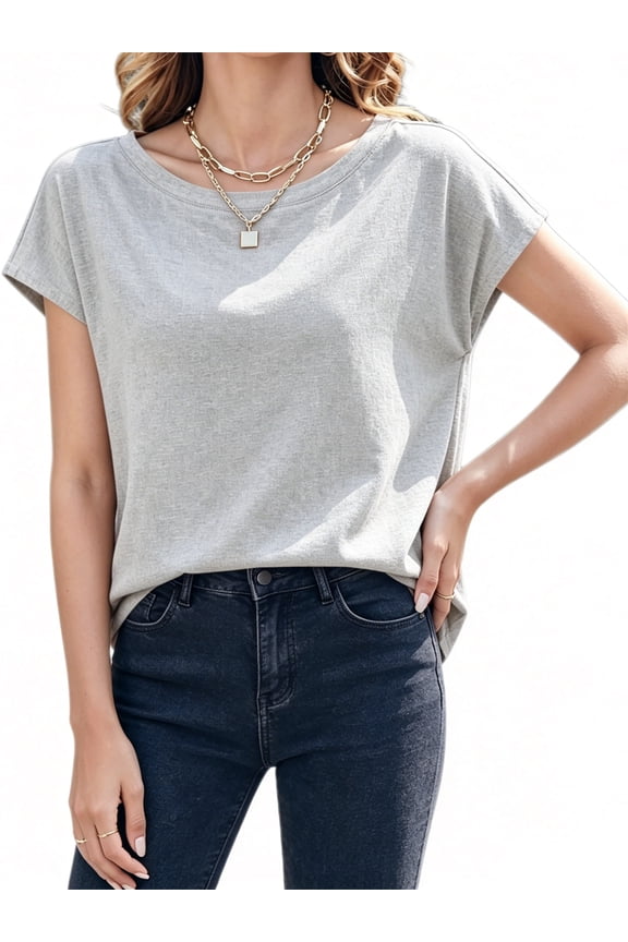 Womens Boat Neck T-Shirts Cap Sleeve Tops Summer Casual Loose Fit Basic Tees