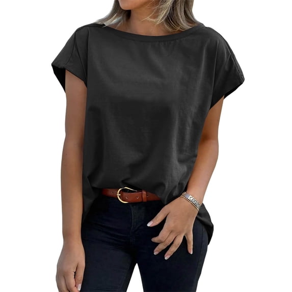 Womens Boat Neck T-Shirts Cap Sleeve Tops Summer Casual Loose Fit Basic Tees