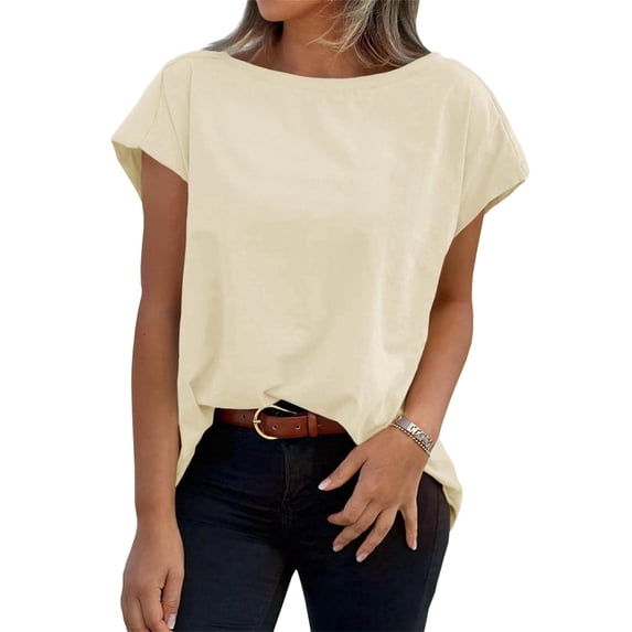 Womens Boat Neck T-Shirts Cap Sleeve Tops Summer Casual Loose Fit Basic Tees