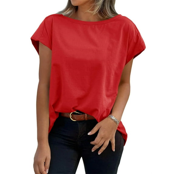 Womens Boat Neck T-Shirts Cap Sleeve Tops Summer Casual Loose Fit Basic Tees