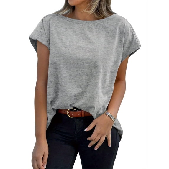 Womens Boat Neck T-Shirts Cap Sleeve Tops Summer Casual Loose Fit Basic Tees
