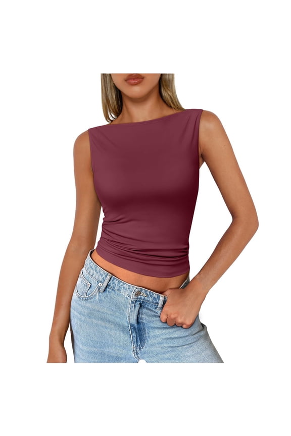 Womens Boat Neck Tank Tops Going Out Ruched Double Lined Crop Tank Top Sleeveless Slim Fit Y2k Summer Tops,Wine,L