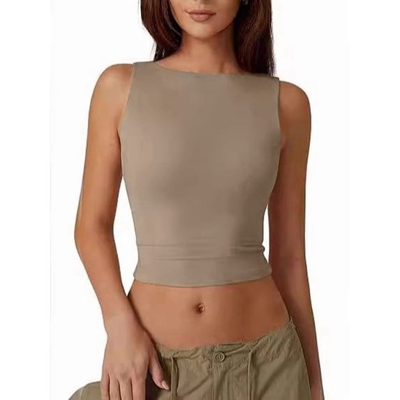 Womens Boat Neck Tank Tops Sleeveless Slim Fit Shirts Summer Going Out Y2K Fashion Outfit Clothes Camel Color L