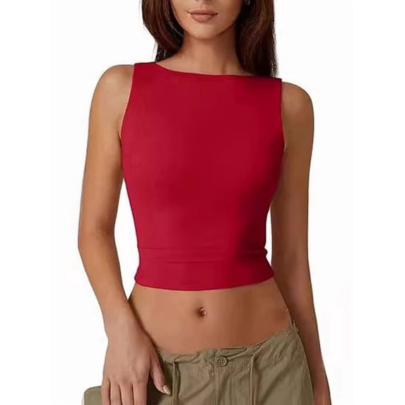 Womens Boat Neck Tank Tops Sleeveless Slim Fit Shirts Summer Going Out Y2K Fashion Outfit Clothes Red XS