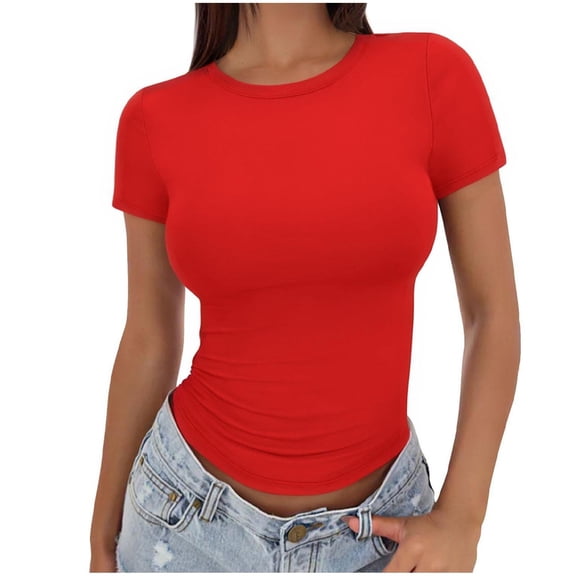 Womens Boat Neck Tops Short Sleeve T-Shirts Slim Fitted Compression Summer Y2k Basic Clothes 2025 Red S