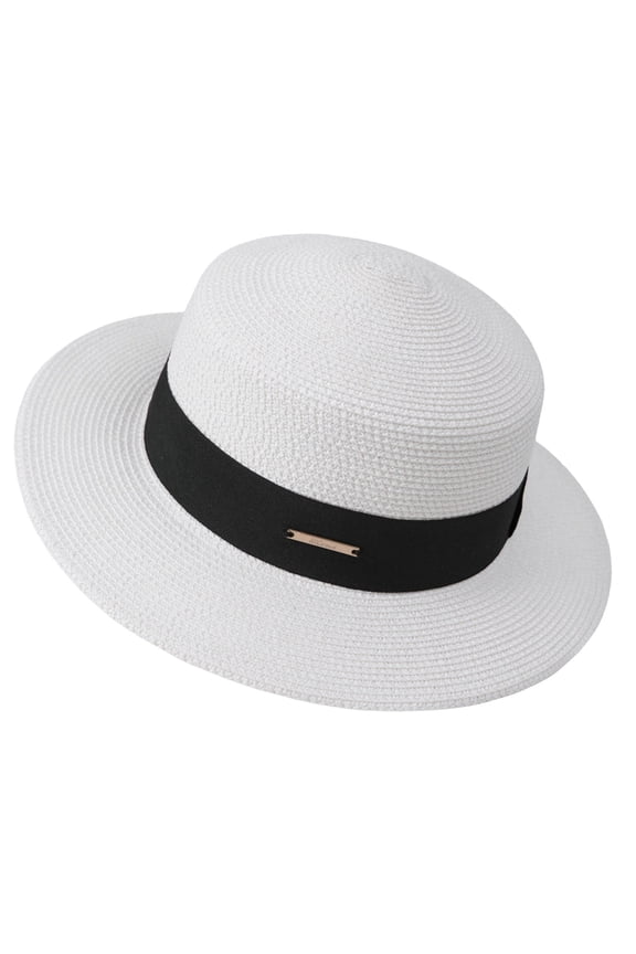 Womens Boater Straw Sun Hat Flat Top Wide Brim UV Protection Summer Travel Cap Pearl Floral Embellished