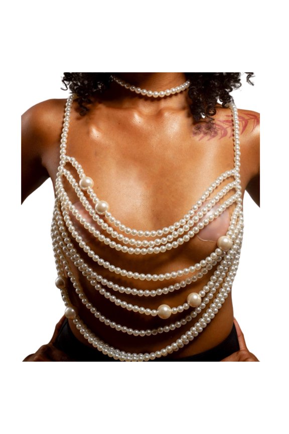 Womens Body Jewelry Mutlilayer Pearl Body Chain Halterneck Backless Crop Top Beach Bikini Shoulder Necklace Party Outfit