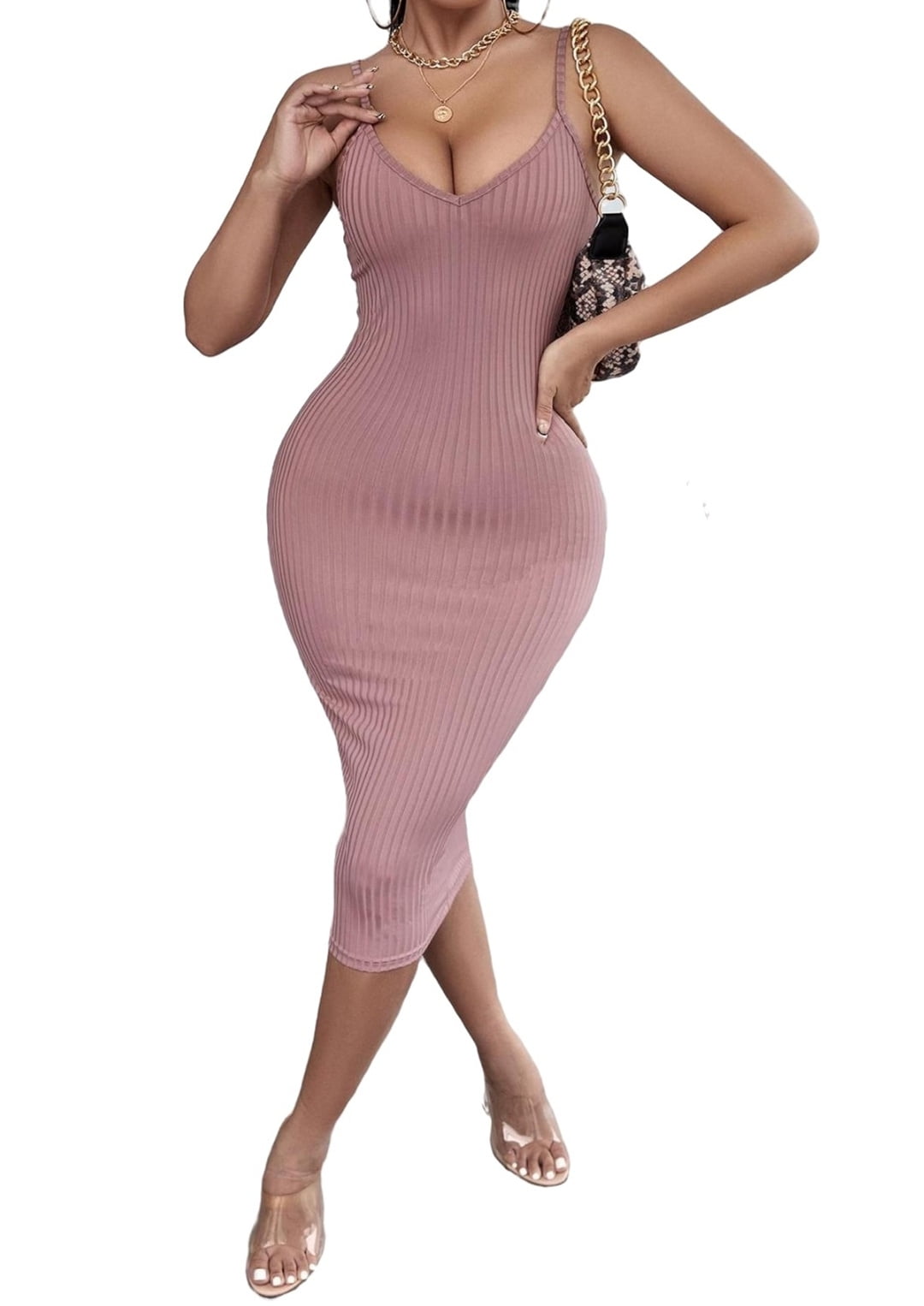 Womens Bodycon Dress Plain Rib Knit Spaghetti Strap Dusty Pink L Walmart