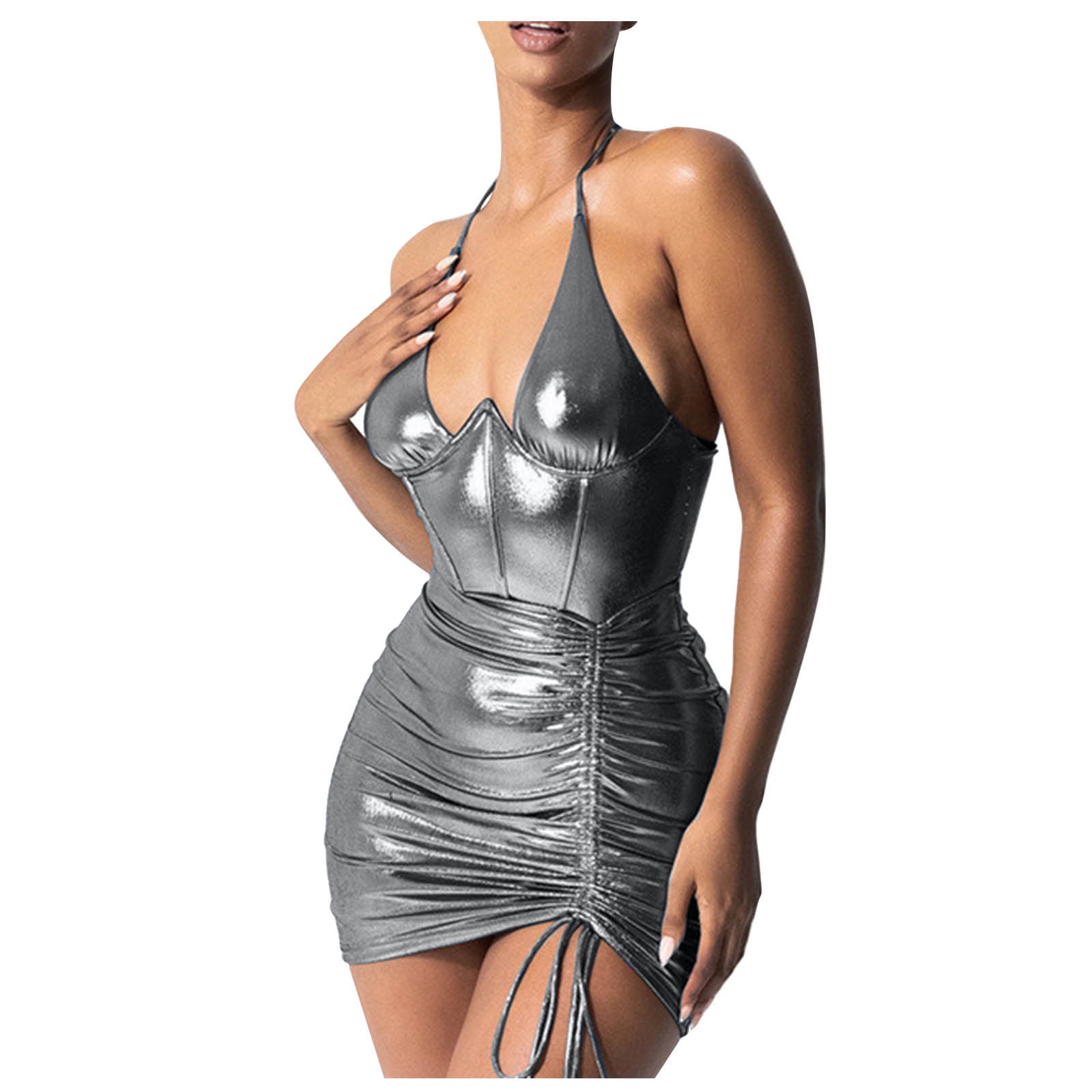 Womens Bodycon Metallic Mini Dress Halter Corset Drawstring Womens Bodycon Metallic Mini Dress Halter Corset Drawstring