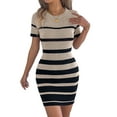 thumbnail image 1 of Female Bodycon Mini Dress Striped Short Sleeve Ribbed Knit Slim Fit Vacation Long Khaki XL, 1 of 9
