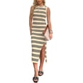 thumbnail image 1 of Womens Bodycon Summer Casual Midi Sundress Sleeveless Cute Hollow Out Knit Side Slit Striped Long Tank Dress, 1 of 5