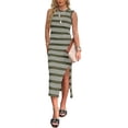 thumbnail image 1 of Womens Bodycon Summer Casual Midi Sundress Sleeveless Cute Hollow Out Knit Side Slit Striped Long Tank Dress, 1 of 5