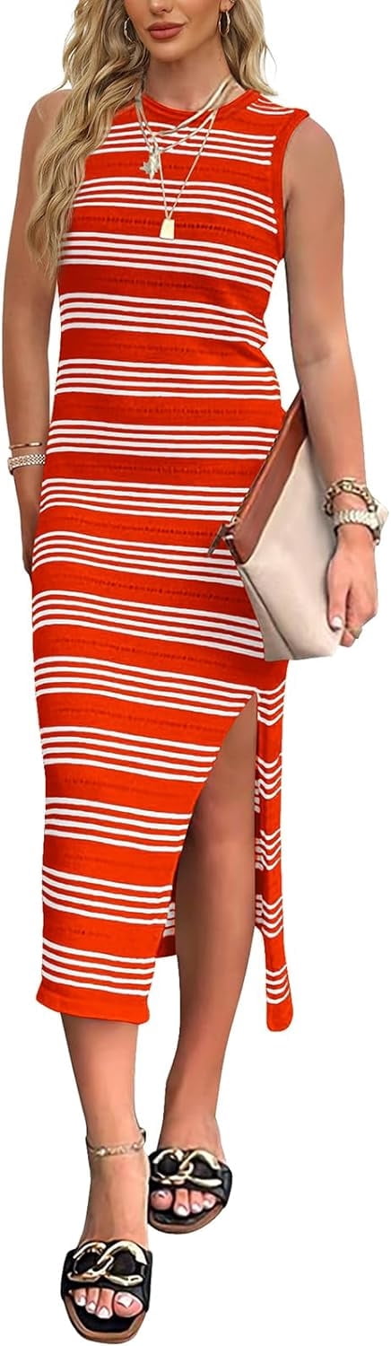 Humjafry Women's Striped Knit Tank Dress - Side Slit Bodycon Midi Sundress For Summer & Casual Wear