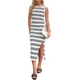 thumbnail image 1 of Womens Bodycon Summer Casual Midi Sundress Sleeveless Cute Hollow Out Knit Side Slit Striped Long Tank Dress, 1 of 5