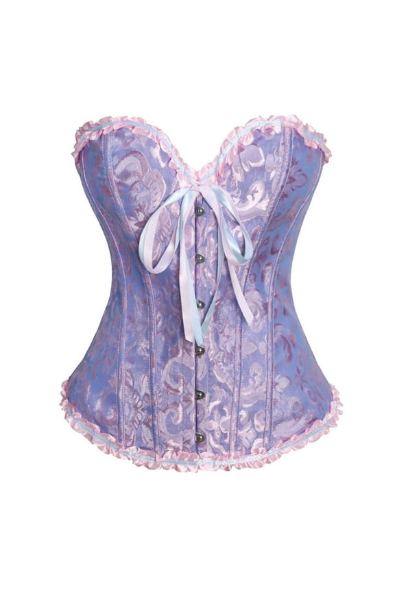 Womens Bodyshaper Corset Tops Plus Size Vintage Floral Bustier Shapewear Ruffle Push Up Boned Overbust Lingerie Blue, M