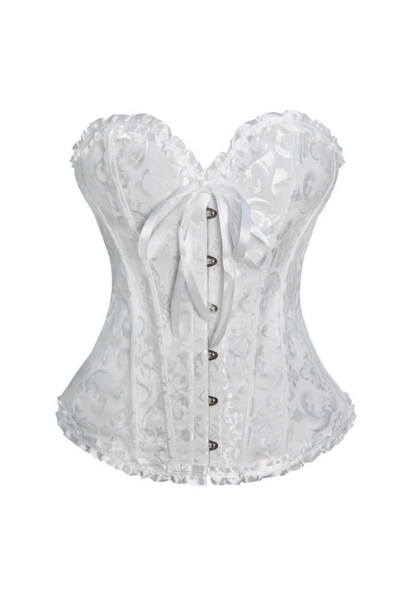 Womens Bodyshaper Corset Tops Plus Size Vintage Floral Bustier Shapewear Ruffle Push Up Boned Overbust Lingerie White, XS