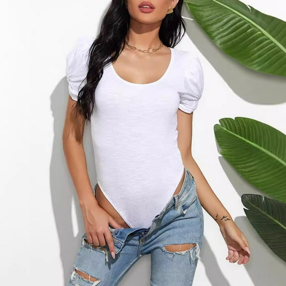 Womens Bodysuit Bodysuits for Women Summer Body Suits for Womens Thong Bodysuits for Women Fashion Women Round Neck Short Sleeve Pleated Solid Bodysuit Blouses
