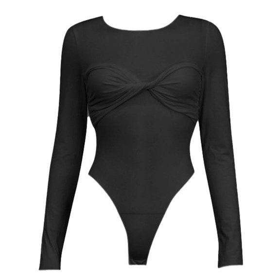 Womens Bodysuit Long Sleeve Crew Neck Ruched Knot Stretch Slim Solid Bodysuit