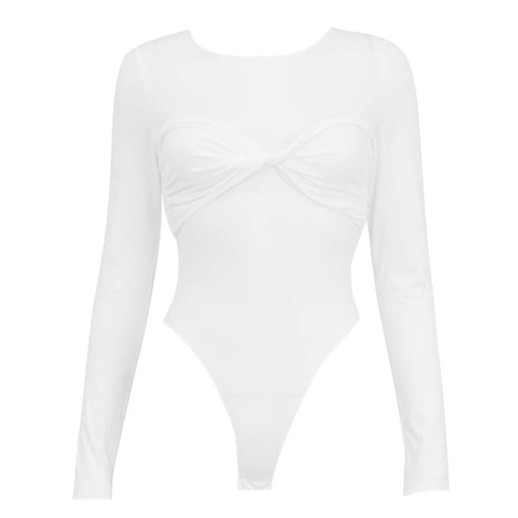 Womens Bodysuit Long Sleeve Crew Neck Ruched Knot Stretch Slim Solid Bodysuit