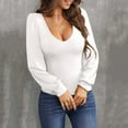thumbnail image 1 of Womens Bodysuit Long Sleeve V Neck Body Suit For Women Puff Sleeve Ribbed Bodysuits Shirts White M, 1 of 8