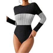 Womens Bodysuit Tummy Control Body Suit Long Sleeve Crew Neck Ribbed Color Block Shirt Tops Black Grey