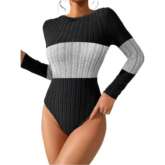 Womens Bodysuit Tummy Control Body Suit Long Sleeve Crew Neck Ribbed Color Block Shirt Tops Black Grey