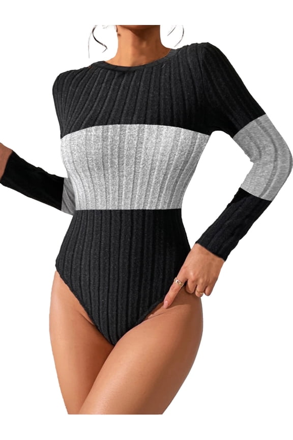 Womens Bodysuit Tummy Control Body Suit Long Sleeve Crew Neck Ribbed Color Block Shirt Tops Black Grey