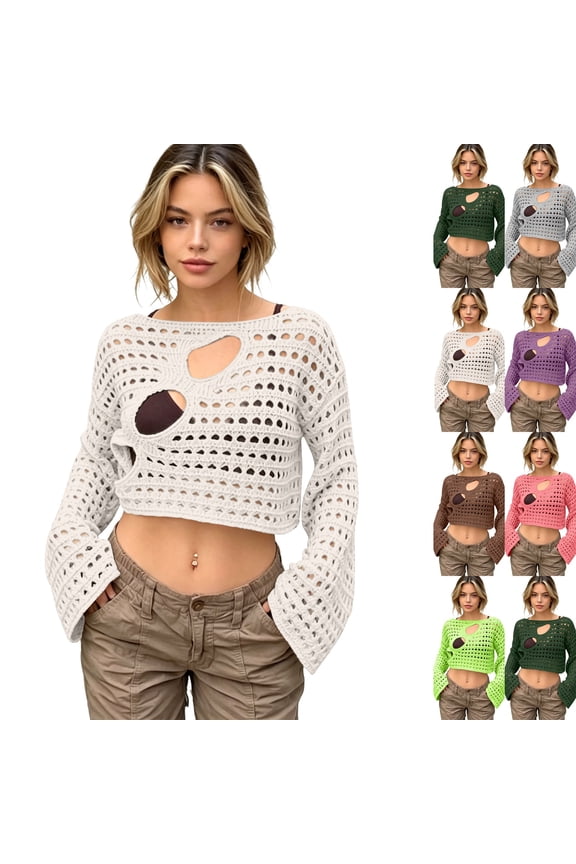 Womens Bohemian Crochet Tops Cropped Ripped Hollow Out Beach Cover Ups Long Sleeve Shrug Sweater Boho Loose Sexy Tops,S,Beige