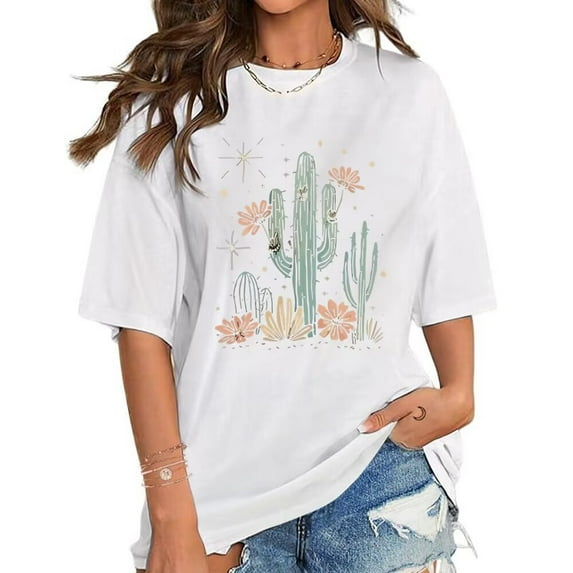 Womens Bohemian Desert Cactus Print T-shirts Vintage Western Plants Graphic Tees Short Sleeve Casual Tops Cotton Shirts for Daily Outfits White,4XL