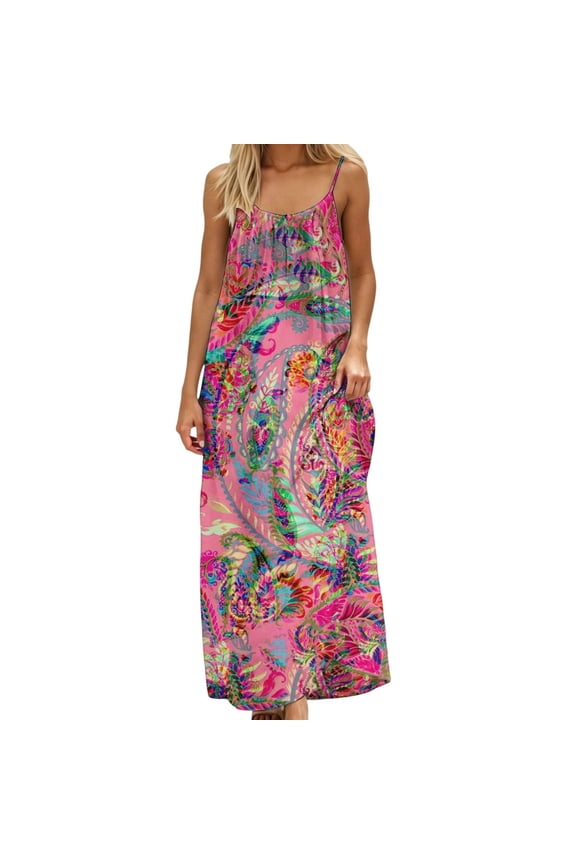 Womens Bohemian Duster Sleeveless Coat Dress Loose Relaxed Fit Casual Print Hot Pink L