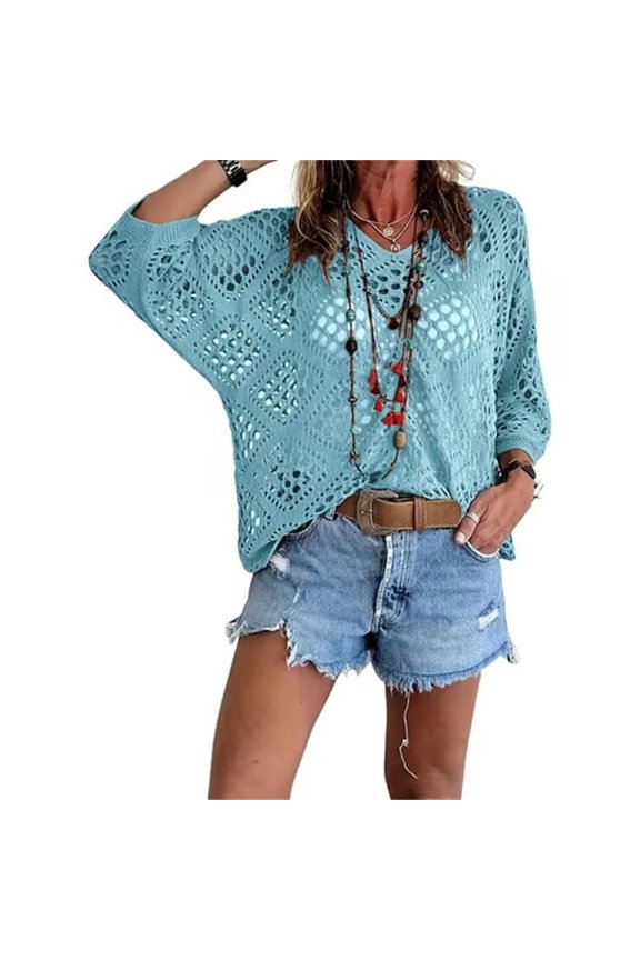 Womens Bohemian-Inspired Beige Crochet Top with V-Neck, Bohemian Crochet Tops for Women ﻿