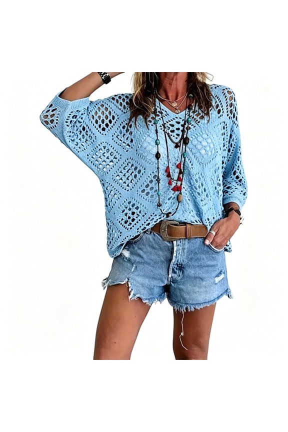 Womens Bohemian-Inspired Beige Crochet Top with V-Neck, Bohemian Crochet Tops for Women 