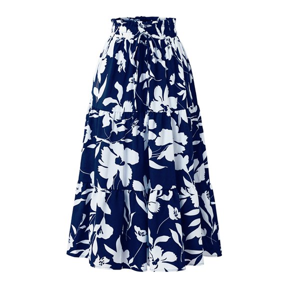 Womens Bohemian Long Skirts Flowy High Waist A Line Maxi Skirts for Women Summer Elastic Drawstring Pleated Floral Printing Mid Calf Skirts