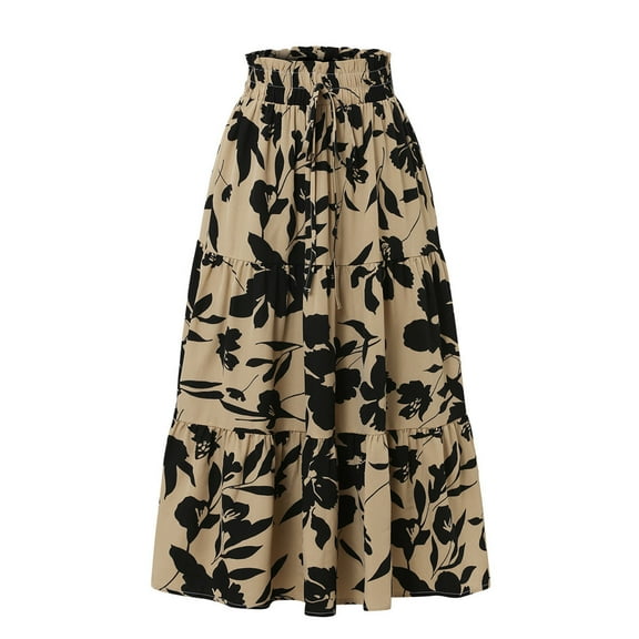 Womens Bohemian Long Skirts Flowy High Waist A Line Maxi Skirts for Women Summer Elastic Drawstring Pleated Floral Printing Mid Calf Skirts