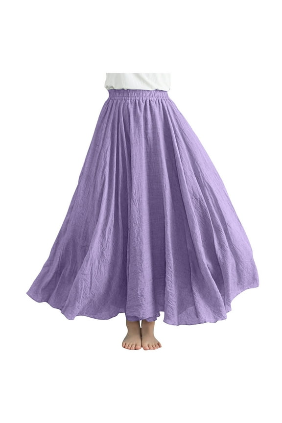 Womens Bohemian Maxi Skirts Elastic High Waist Versatile Ankle Length Skirt Solid Color Flowy Long Skirts