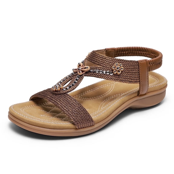 Littleplum Women's Bohemian Orthopedic Wide Sandals with Arch Support Rhinestone Flat Summer Shoes for Women,Brown,Size 6