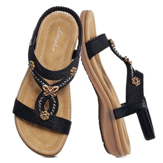 Littleplum Womens Flat Sandals with Arch Support Bohemian Elastic Ankle Strap Non-Slip Casual Beach Vacations Summer Shoes for Women, Black, 8