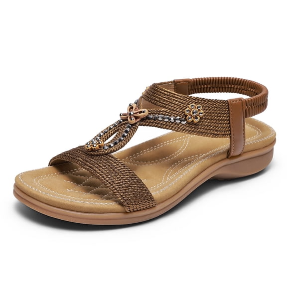 Littleplum Women's Wide Width Arch Support Sandals Bohemian Rhinestone Flat Summer Shoes with Elastic Strap, Brown, Size 7.5
