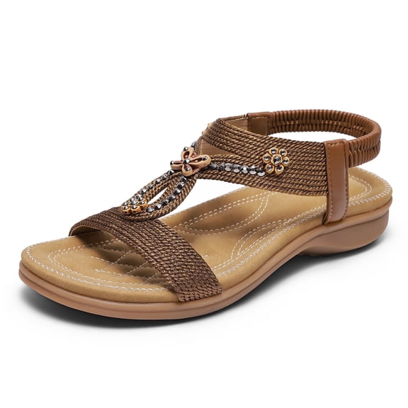 Littleplum Womens Flat Sandals Bohemian Wide Width Arch Support Elastic Ankle Strap No-slip Casual Daily Walking Vacations Summer Shoes with Rhinestone for Women, Brown, Size 7.5