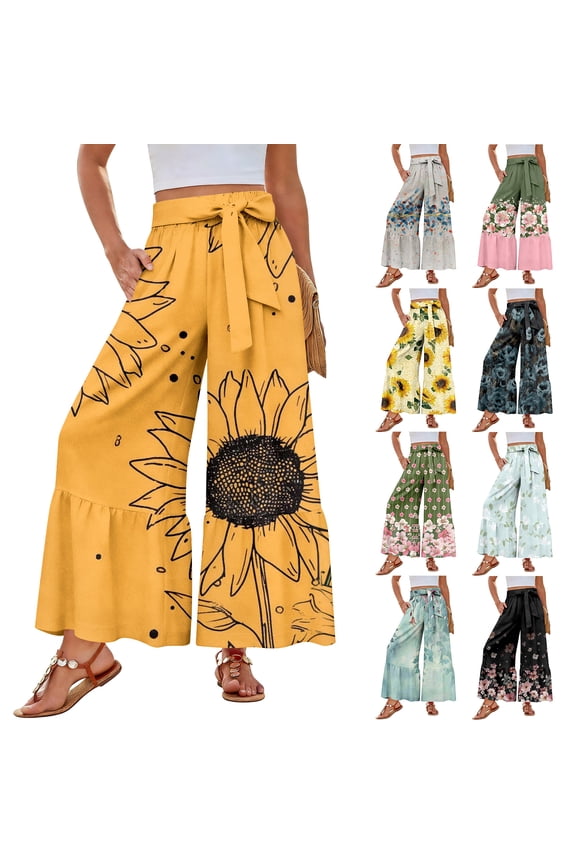 Womens Bohemian Print Wide Leg Trousers Elastic High Waisted Ties Ruffle Hem Palazzo Lounge Pants Gray 2XL