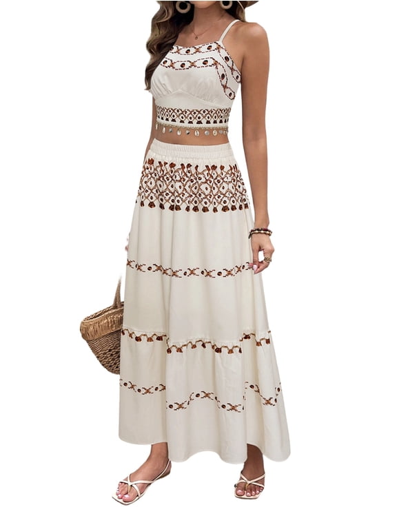 Womens Bohemian Printed Beach Set Halter Neck Sleeveless Top and Midi Skirt Two Piece Outfit White M