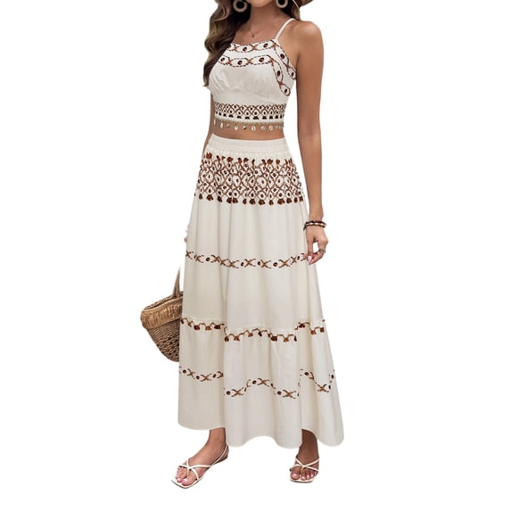Womens Bohemian Printed Beach Set Halter Neck Sleeveless Top and Midi Skirt Two Piece Outfit White S